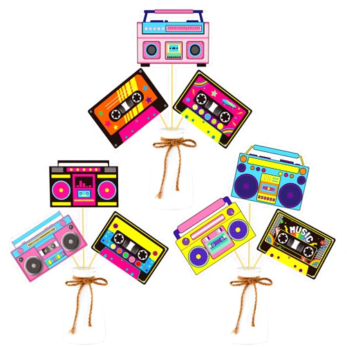 Umoni Cassette Tape Boom Box Centerpiece Sticks 22PCS 1980s Party Decorations Retro Radio Cassette Tape Table Topper Centerpieces for 80's 90's Hip Hop Birthday Party Supplies