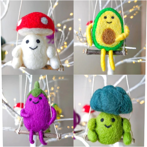 Kikiddo Wool Felted Ornaments - Handmade Set of 4 - Fall Decor - Unbreakable Christmas Tree Ornaments (Felted Veggies on Swing)