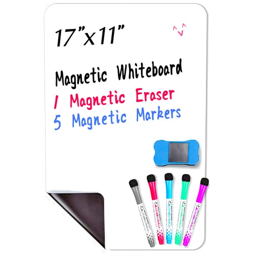 INMORVEN 17 x 11 inches Magnetic Dry Erase Whiteboard Sheet, White Board for Fridge, with 5 Colored Markers and 1 Eraser, Small Message Center for Family Office Refrigerator and Kitchen Shopping List