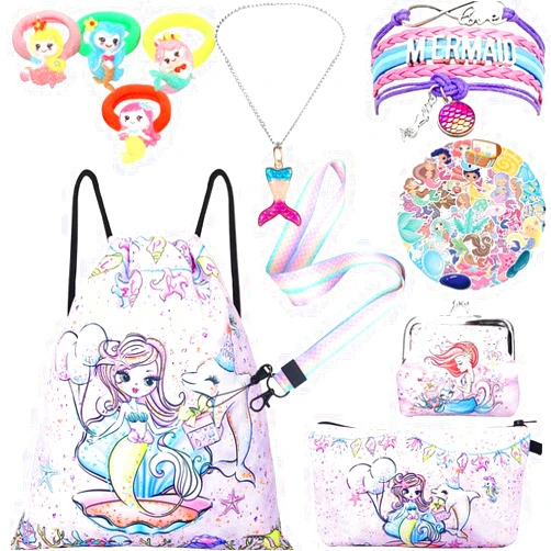 RHCPFOVR Mermaid Gifts for Girls - Drawstring Backpack,Makeup Bag,Bracelet,Necklace for Party Favors