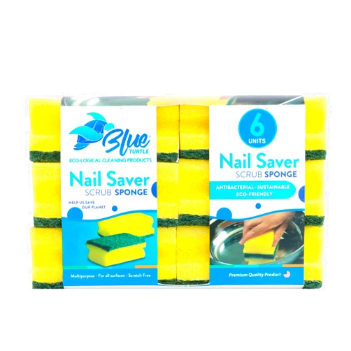 Blue Turtle Sponges for Dishes – 6 Pack Nail Saver Kitchen Sponges – Premium Multifunction Scrub Sponge - Protects Nails & Fingers – Odor Resistant Sponges for Cleaning Stains, Grease, Residue