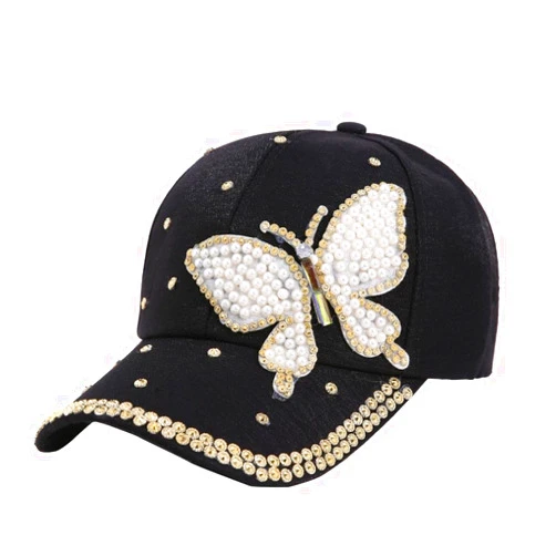 Highpot Women's Bling Rhinestone Butterfly Baseball Cap Adjustable Hip Hop Hat (Black)