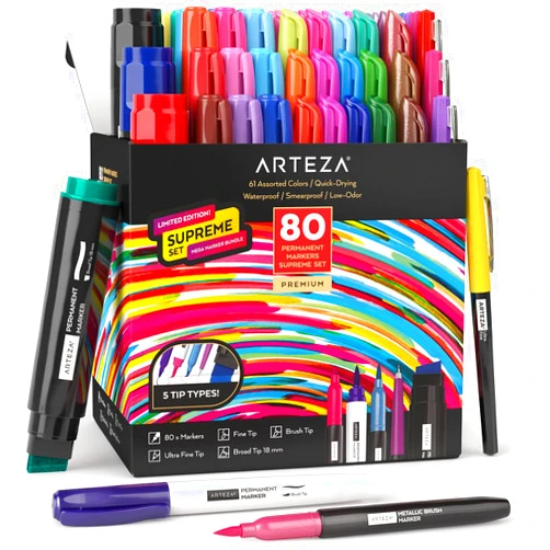 Arteza Permanent Markers, Set of 80, 61 Assorted Colors Paint Pens, Fine, Broad, and Brush Tips, Quick-Drying, Waterproof, Art Supplies for Calligraphy, Craft, Making Signs, and Mandala Coloring Multicolor
