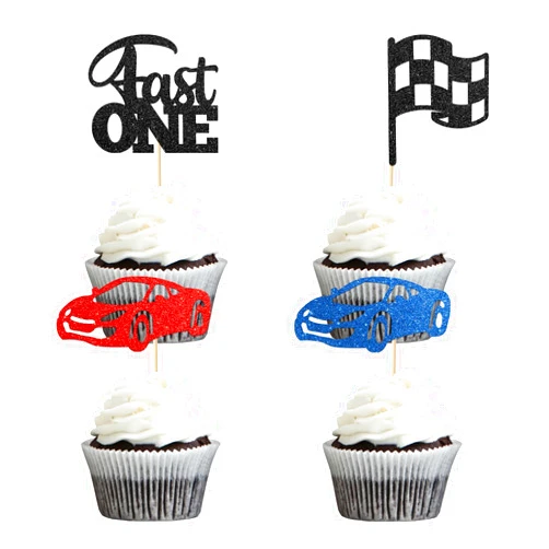 Kaakswa 24 Pack Race Car Cupcake Toppers,Glitter Fast One Cupcake Toppers for Boy Birthday Racing Car Theme Trophy Flag,Happy Birthday Party Decor Supplies,Black&Blue & Red