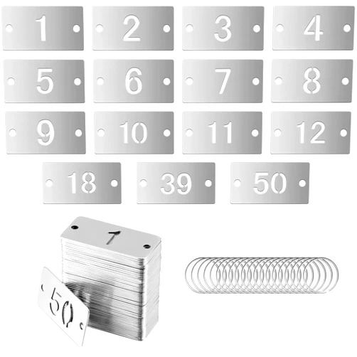 Simidobook 50 Pcs Hollowed Stainless Steel Number Tags Metal Numbered Number Key ID Tags with Key Rings Chain(50 Pcs,1-50, Rectangle)