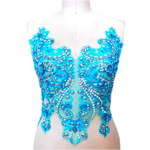 Gelvs Vintage Colorful Rhinestone Bodice Applique V Neck Beading Embroidery Flower Motif for Belly Dance Dress Sky Blue Color