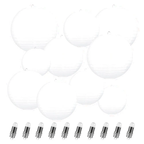 LIHAO 10PCS White Paper Lanterns with Lights, Round Hanging Paper Lanterns Decorative Chinese Lanterns for Wedding Anniversary Birthday Party Home Decor(Size of 6”, 8”, 10”, 12”)