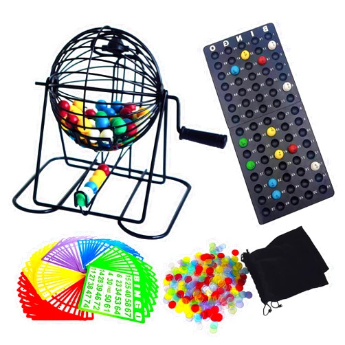 Yuanhe Deluxe Bingo Game Set - Metal Round Cage, 75 Colored Bingo Balls, 50 Bingo Cards, 300 Mixed Chips and Master Board for Large Groups, Parties