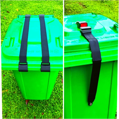 JFOMOYGI 2PCS Metal Double Claw Trash Can Locks Strap & 1PC Buckle Type Trash Can Lid Lock,Adjustable Garbage Can Lid Locks Security Strap,Trash Can Bungee Cord Belt Rope for Outside Raccoon,Trash Bin Lock