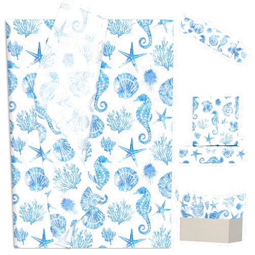 JarThenaAMCS 60 Sheets Ocean Tissue Paper Blue Seahorse Shell Coral Starfish Wrapping Paper Sea Beach Art Paper for Birthday Baby Shower Party DIY Crafts, 14 x 20 Inch