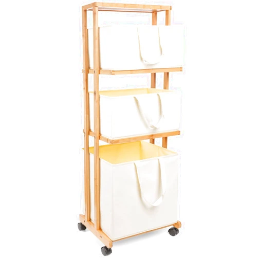 Homde Laundry Basket 3 Tier Bamboo Storage Shelf with Wheels Removable Storage Basket with Handle Freestanding Clothes Hamper Organizer for Bathroom Living Room Bedroom (Natural)