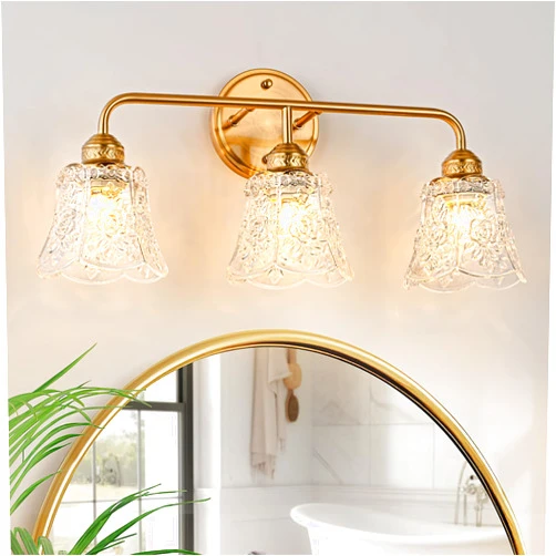 YUNICE 3 Light Bathroom Vanity Light Fixtures Brushed Gold Wall Sconce with White Glass Shade E26 Base Vintage Mirror Lights for Bathroom, Bedroom Antique Brass Wall Lamp