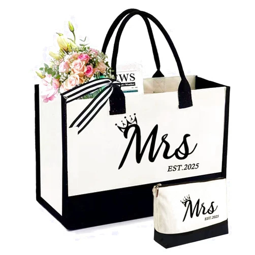 KDBDSYZB Mrs 2025 Bride Canvas Tote Bag, Gifts for Wedding BridalShower, mrs 2025 bag with Makeup Bag，Bachelorette Party, Bride to be Gifts, Miss to Mrs Bag,Christmas Personalized Bridesmaid Gift