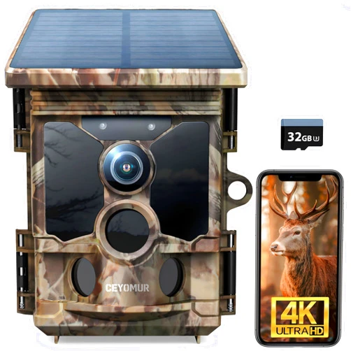 CEYOMUR 4K 30fps Solar Trail Camera, 46MP WiFi Trail Camera with Night Vision 0.1s Trigger Motion Activated, Game Camera with 120° Detection IP66 Waterproof for Wildlife Scouting with 32GB SD Card