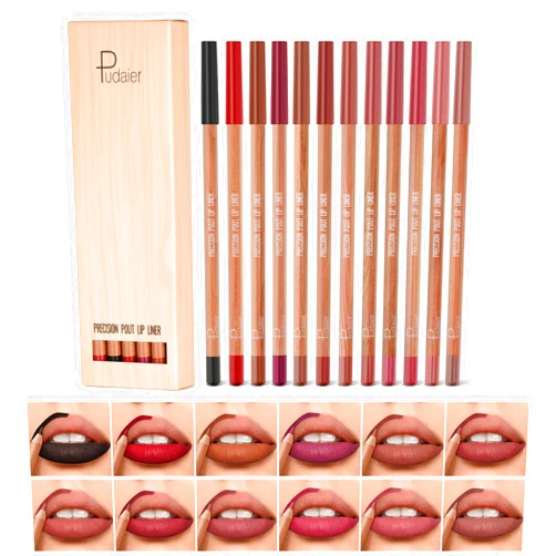 ZUK Pudaier 12Pcs Lip Liner Pencil Set, Oak Matte Lip Liners Long-Lasting Waterproof Lip Liner Pack Natural Smooth Lip Makeup Pencils