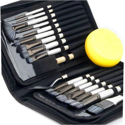 Transon Art Paint Brush Kit 16 Paint Brushes with Foam Brush Sponge Spatula and Brush Case for Oil, Acrylic, Watercolor, Gouache, Painting White