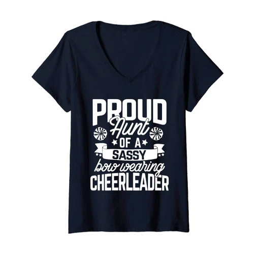 TheBlackCatTees Co. Cheerleader Family Matching Womens Proud Aunt of a Sassy Bow Wearing Cheerleader Cheerleading V-Neck T-Shirt