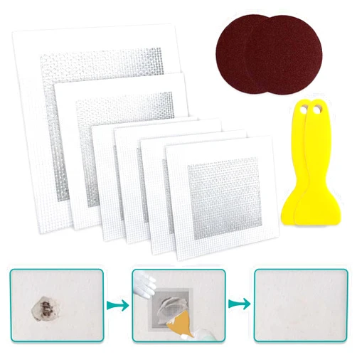 WYIRONG 10 Pack Drywall Repair Kit for Large Holes, 4/6/8 Inch Dry Wall Patch Kits for Erase a Small Nail Hole, Plaster Wall Patching Self Adhesive Aluminum Mesh with Scraper and Sandpaper