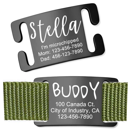 Anavia Slide On Silent Pet ID Tags, S/M/L/XL Personalized Gold Black Stainless Steel Customized Engraved Cat Dog Name Tags, Glossy Finish Chew-Proof Quiet Dog Collar Tag (X-Large, Black)