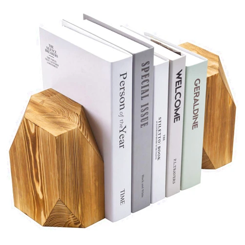 MyGift Rustic Burnt Solid Wood Geometric Style Bookends, Set of 2