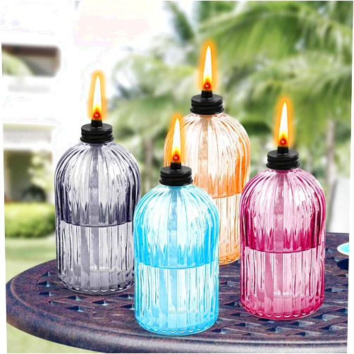 FAN-Torches 4 Pack Glass Table top Torch,13.5 oz Citronella Torches for Outside,Refillable Flame Light Torch with Wicks and Covers, Landscape Lanterns Torches for Yard,Patio, Garden,Party Decor, DIY.