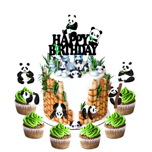 LYNHEVA Set of Acrylic Panda Happy Birthday Cake Topper, Panda Bear Smash Cake Topper, Panda Themed Birthday Party Decoration, Animals Party Supplies ( 7Pcs )