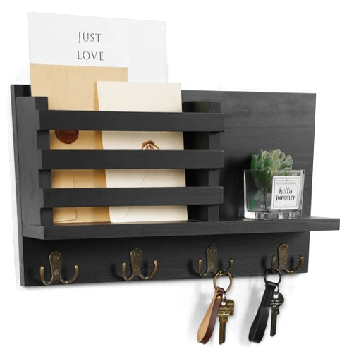 Lwenki Key & Mail Holder for Wall - Rustic Natural Paulownia Wood, 4 Double-Hook Hangers - Wall Mounted Organizer for Decor, Bags, Accessories - Hardware & Manual Included (Black)