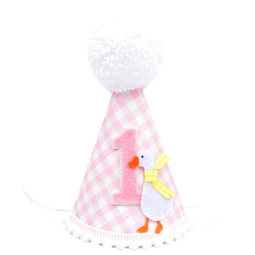 LINLULU One Silly Goose 1st Birthday Hat for Girls - Silly Goose 1st Birthday Decorations, Pink Gingham 1st Birthday Party Hat, One Silly Goose First Birthday Crown