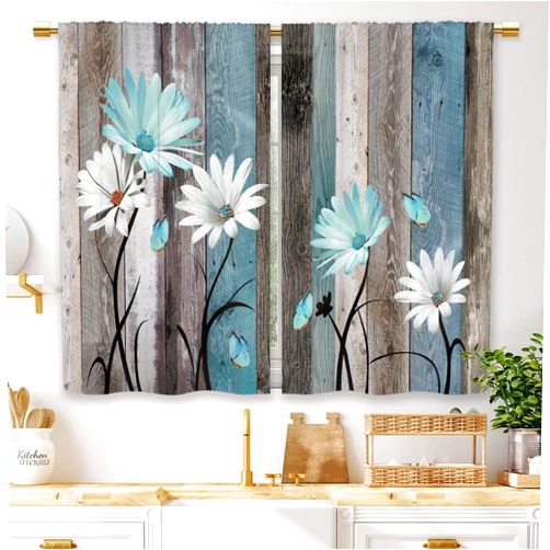 Laifzere Teal Farmhouse Daisy Kitchen Curtains Wooden Flower Small Short Cafe Window Curtains Rustic Floral Butterfly Country Bathroom Drapes Treatment Tier Curtains 2 Panels (27.5x39 Inch)