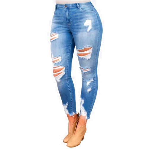 KUNMI Women High Waist Skinny Stretch Ripped Jeans Destroyed Denim Pants Plus Size