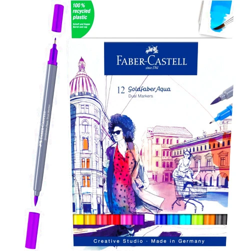 Faber-Castell Goldfaber Aqua Dual Tip Watercolor Markers - 12 Watercolor Brush Pens, Watercolor Markers for Adults, Real Brush Nib and Fineliner Tip Art Markers
