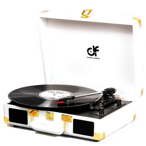 DANFI AUDIO DF Record Player with Built-in 2 Speakers Vintage 3-Speed Portable Bluetooth Suitcase Vinyl Record Player with USB Recording MP3 Converter RCA/AUX/Headphone Jack Retro Turntable White & Gold