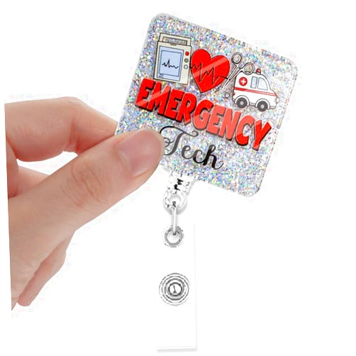 Xipromi Emergency Tech Badge Reels Retractable Glitter with Clip, Funny Badge Holder Gift for Emergency Room Nurse ER Technician ER Tech Trauma, CNA Gift, ER Nurse Appreciation Gift