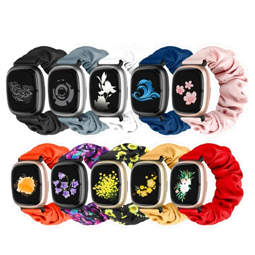 Acortjl 10 PCS Compatible with Fitbit Versa 4/Sense 2/Versa 3/Sense Scrunchie Band, Soft Cute Pattern Printed Fabric Elastic Solo Loop Cloth Scrunchy Replacement Wristband for Women