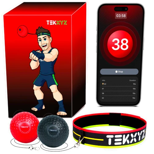 TEKXYZ® Reflex Ball with Counter App & Online Community, 2 Difficulty Levels Boxing Ball with Headband, Perfect for Reaction, Agility, Punching Speed, Fight Skill & Hand Eye Coordination Training