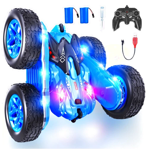 CoziBB Remote Control Car, RC Cars with Strip Lights and Headlight, 2 Hours Long Battery Life, 4WD Double-Sided 360° Flips Rotating Stunt RC Car Toys, Birthday Gift for Boys Girls (Blue)