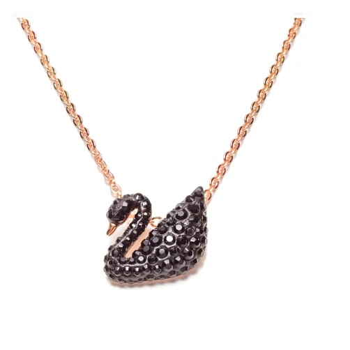 Swarovski Black Crystal Swan Pendant Necklace with Rose Gold Chain