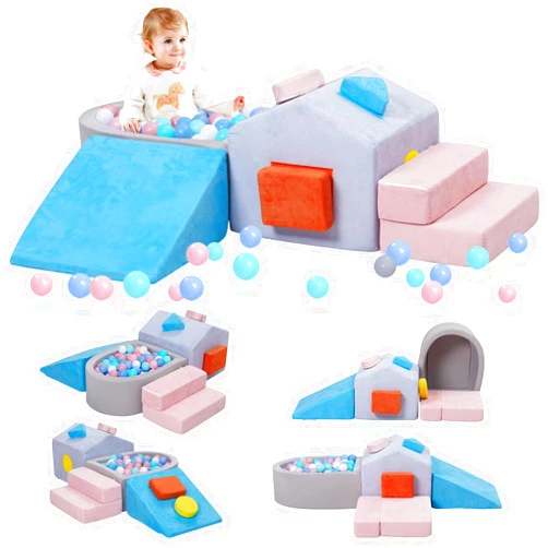 MOOZHEALTH Foam Climbing Blocks for Toddlers,6 Pieces Soft House-Shaped Play Gym with Safety Edges,Montessori Toys for Indoor Active Play,Balance & Motor Skills Development,Colorful(Balls not included)