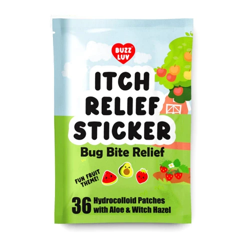 BUZZLUV Hydrocolloid Itch Relief Patch, for Mosquitos, Ticks, Midges, Sandflies Bug bite Relief, Anti-Itch Patch with Aloe and Witch Hazel, Insect bite Relief, Kid-Friendly, Natural Fruit Theme