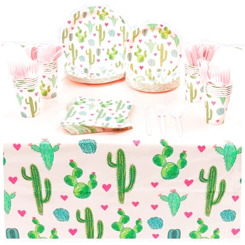 Sparkle and Bash 169 Pieces Cactus Birthday Party Decorations, Succulent Dinnerware with Plates, Napkins, Cups, Cutlery and Tablecloth (Serves 24)