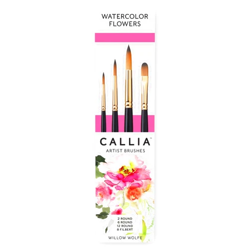 Willow Wolfe Callia Watercolor Flowers Artist Paint Brush Set, Synthetic, Multicolor, 4 Piece Professional Set #900