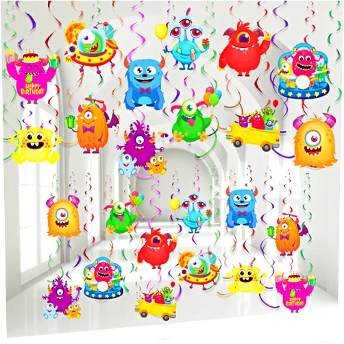 Faccito 54 Pieces Cartoon Monster Hanging Swirls Decoration Little Monster Spiral Streamers Party Hanging Decor for Birthday Party Baby Shower Supplies