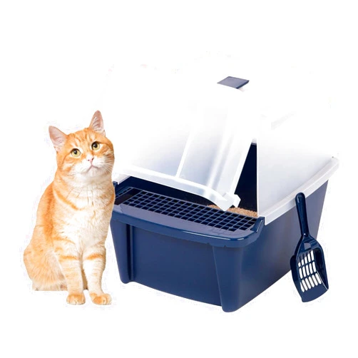 IRIS USA Cat Litter Box, Litter Box Enclosure with Scoop, Split Hood and Front Door Flap, Covered Kitty Litter Box for Privacy, Portable, Easy to Clean, Navy