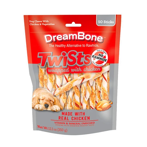 DreamBone Twist Sticks Chews Wrapped With Real Chicken, Treat Your Dog to Easy-to-Digest Rawhide-Free Chews, 50 Count