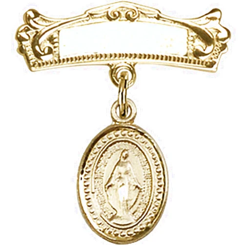 Bonyak Jewelry Saint Medal Collection Gold Filled Baby Badge with Miraculous Charm and Arched Polished Badge Pin 7/8 X 3/4 inches