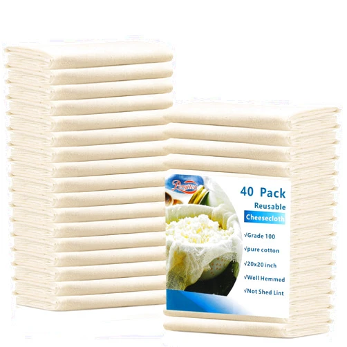 Peryiter 40 Pcs Cheese Cloth for Straining Grade 100 Cheesecloth Hemmed Reusable Muslin Cloth Unbleached Cotton Cheese Cloth Strainer for Cheese Making Supplies Juicing Canning Cooking, 20x20 Inch
