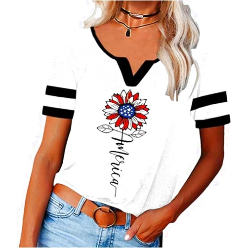 Butovek Women Independence Day V Neck Shirt 4th of July American Flag Short Sleeve Tee Summer Raglan Color Block Graphic Top