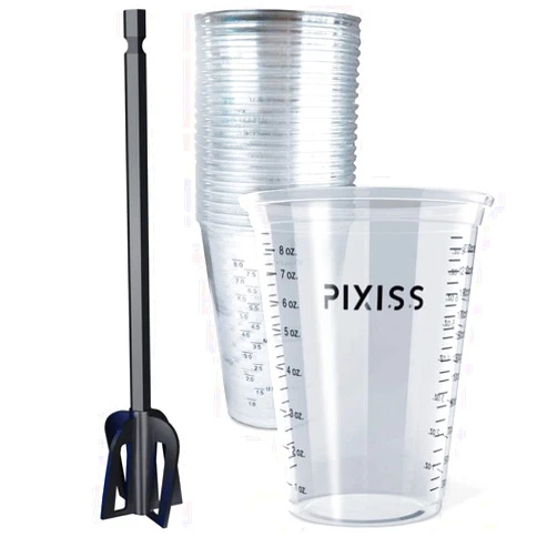 Pixiss Resin Mixer Epoxy Mixer Paddles - 20 Graduated Mixing Cups & Reusable Pixiss Multipurpose Bidirectional Paint Stirrer for Drill Epoxy & Paint Mixer Drill Attachment - Paint Stirrers Epoxy Stirrer
