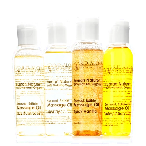 R.D. ALCHEMY RD Alchemy - 100% Natural & Organic Edible Massage Oil Sample Pack. Contains All 4 Flavors - Bay Rum Love, Juicy Citrus, Spicy Vanilla, Mint Zip for Soothing Massage, Bath & Body Oil.
