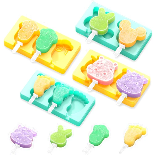 Salomayes Kids Cartoon Popsicle Molds - 4 Pack, 10-Cavity Food-Grade Silicone Ice Pop Cream Molds, with Reusable Sticks, Non-Stick Flat Design, Easy Release, Stackable for Space Saving